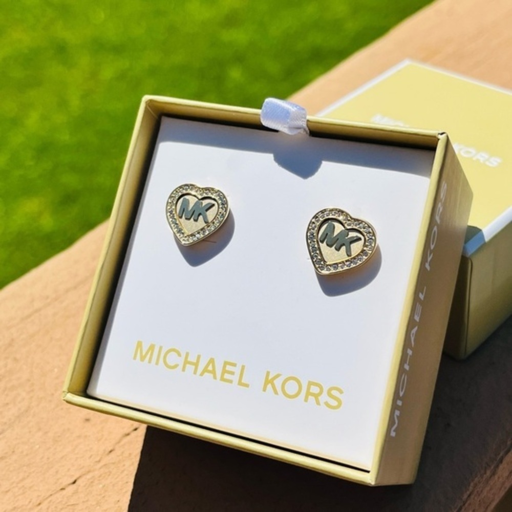 Michael Kors Gold Heart Logo Stud Earrings Crystal Halo NWT